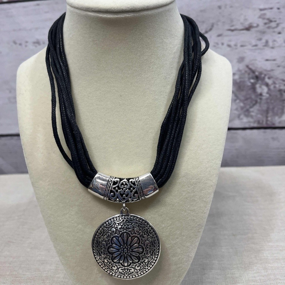 Reversible Necklace Silver Tone Round Floral Pendant Black Cords 12inch